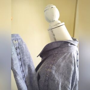 55% LiNen-Blue + 🪡 Embroidery Trim Shirt by Christopher & Banks~ Size: M